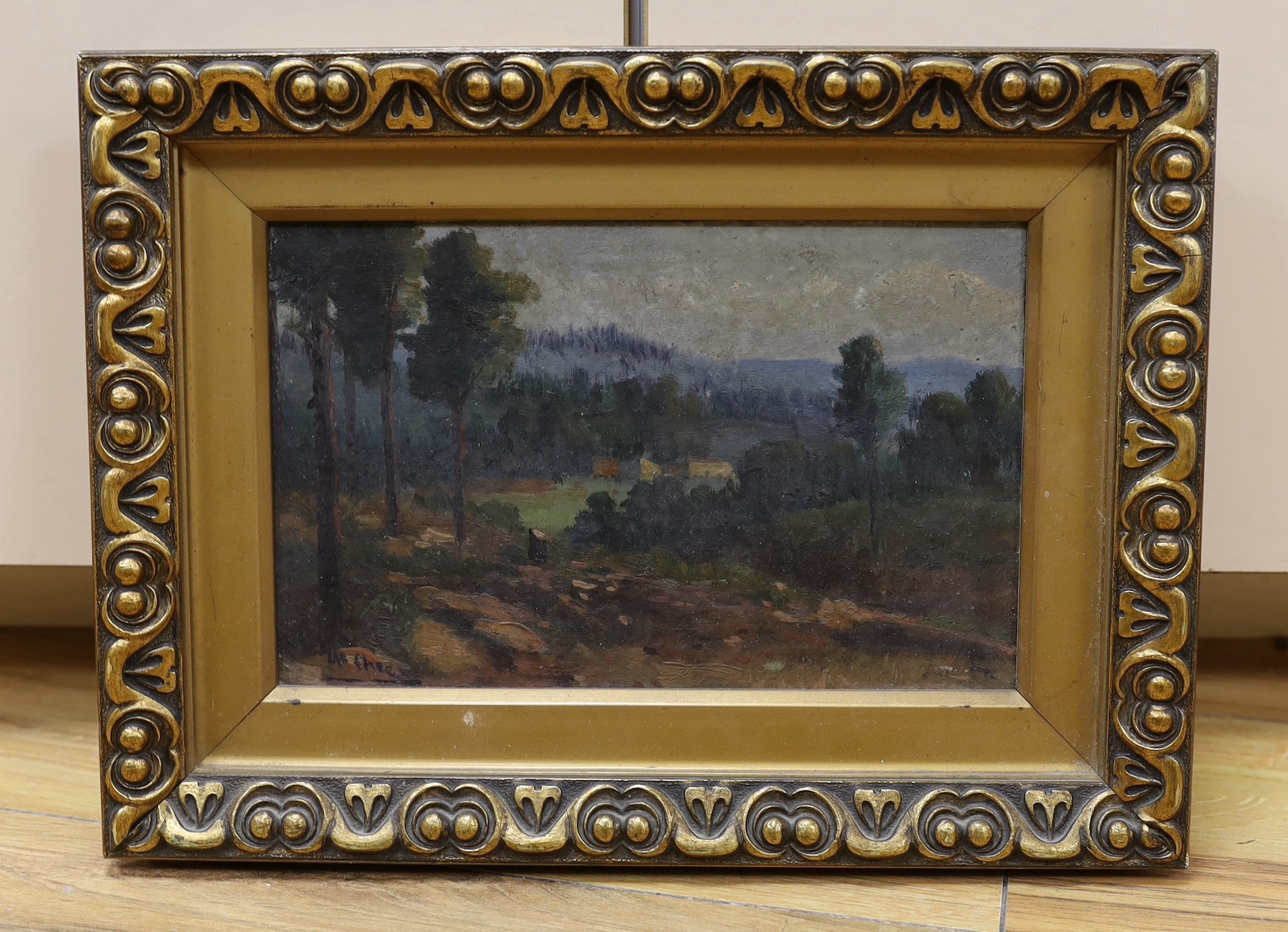 M.S. Checi, oil on wooden panel, Wooded landscape, signed, 15 x 23cm